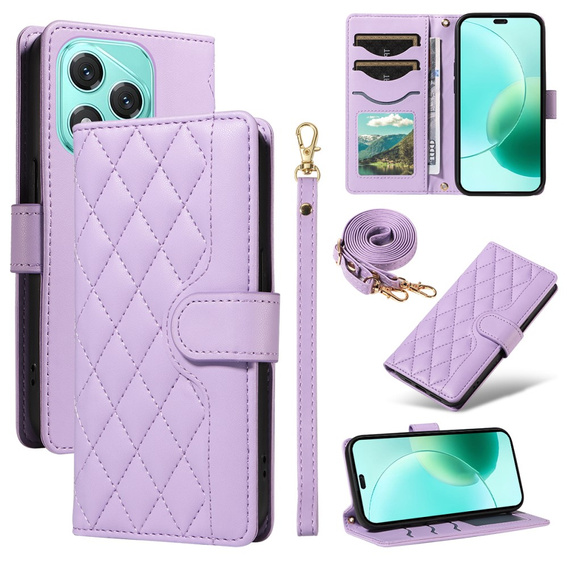 Etui portfelowe Rhombus ze skóry ekologicznej z paskiem do Honor 400 Lite – Fioletowe