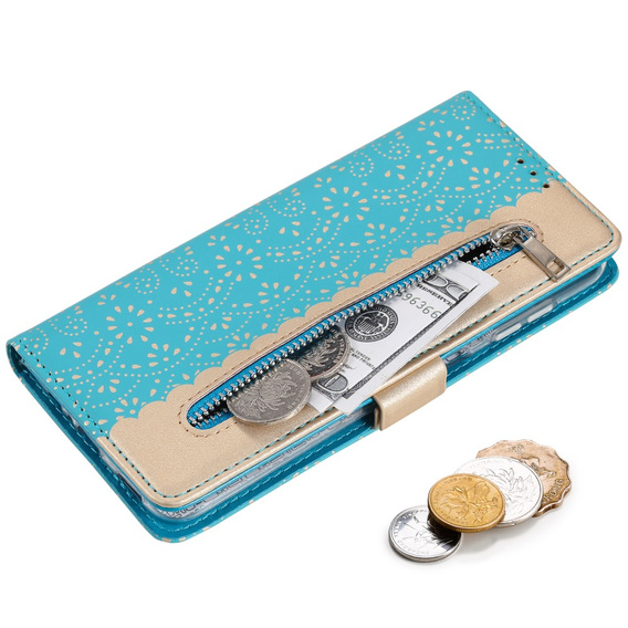 Etui z klapką do Samsung Galaxy A54 5G, Wallet Pocket Zipper Lace, niebieskie