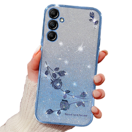 Etui do Samsung Galaxy A15, Glitter Flower, niebieskie + szkło