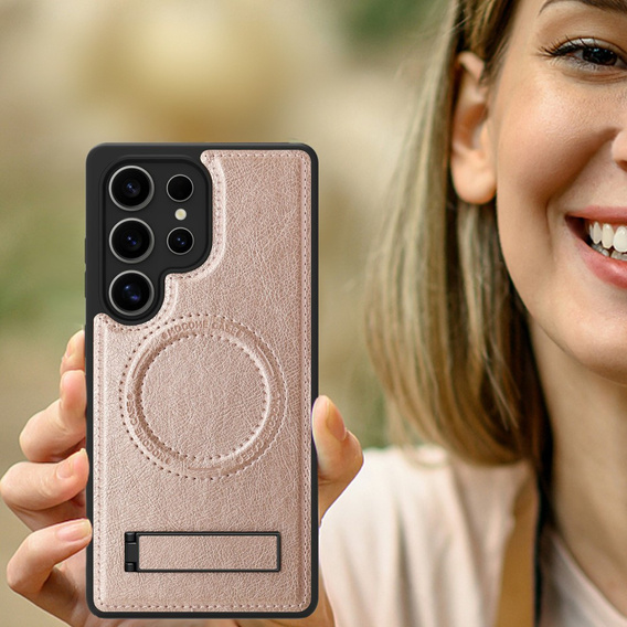 Etui skórzane z podstawką do Samsung Galaxy S25 Ultra – kompatybilne z MagSafe, rose gold
