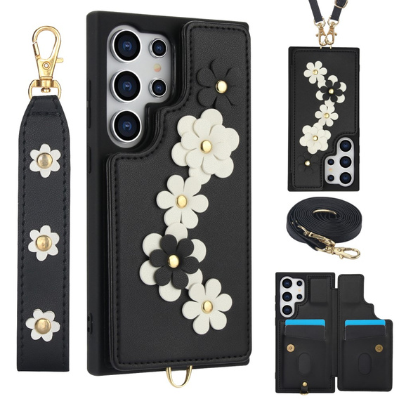 Etui do Samsung Galaxy S25 Ultra, Leather Flower Card Slot, czarne