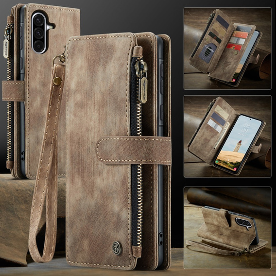 Etui CASEME do Samsung Galaxy A56 5G, Leather Wallet Cash and Card Slots, z paskiem, brązowe