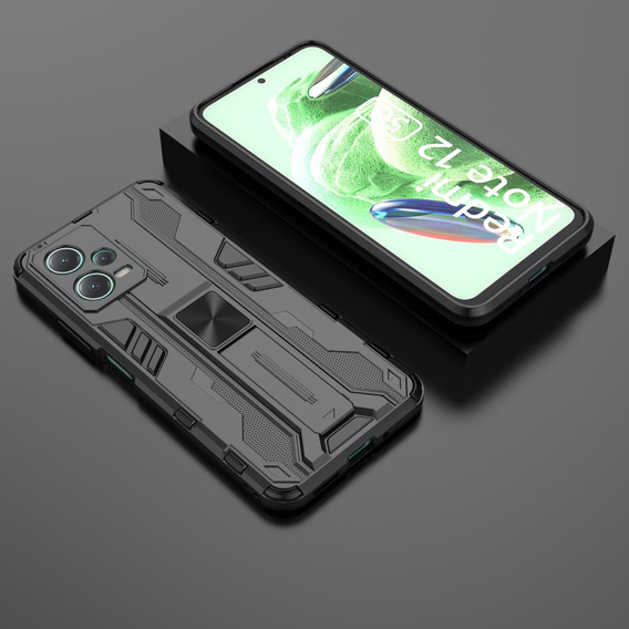 Etui do Xiaomi Redmi Note 12 5G / POCO X5 5G, pancerne z podstawką i ochroną aparatu, czarne