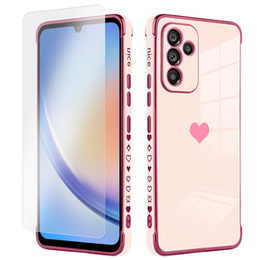 Zestaw Etui do Samsung Galaxy A34 5G, Electro heart, Różowe rose gold + szkło