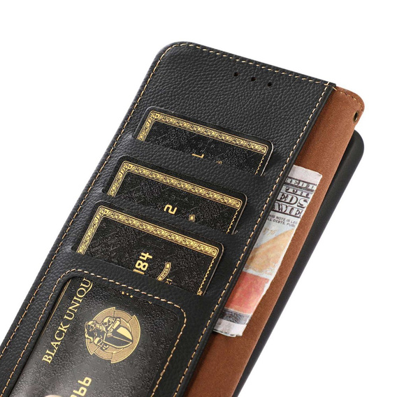 Skórzane Etui KHAZNEH RFID do Xiaomi Poco F6 Pro, Litchi Texture, czarne
