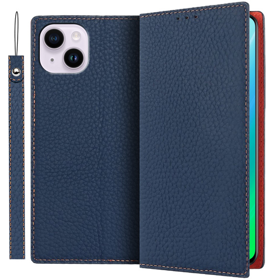 Etui z klapką do iPhone 14 Plus, Litchi Skin Grain, granatowe