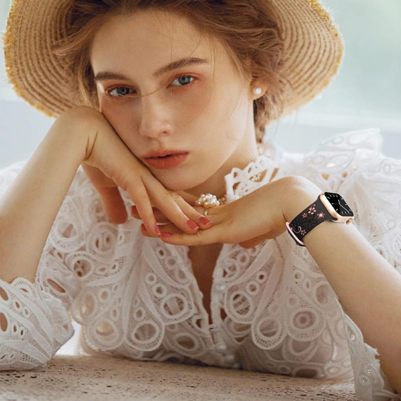 Pasek Silikonowy do Apple Watch 1/2/3/4/5/6/7/8/9/10/11/SE 38/40/41/42mm, Floral, Czarny / Różowy
