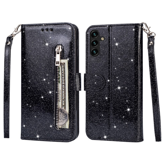 Etui z klapką do Samsung Galaxy A55, Wallet Zipper Pocket Glittery, czarne