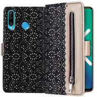 Etui z klapką do Huawei P30 Lite, Wallet Pocket Zipper Lace, czarne