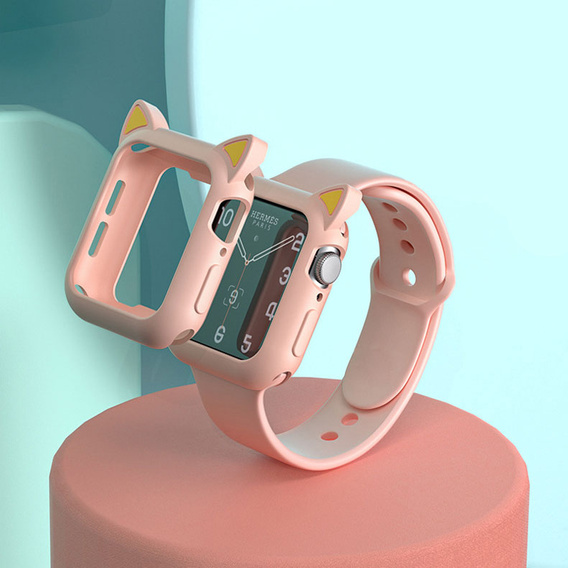 Etui Silikonowe do Apple Watch 4/5/6/SE 44mm, Kocie Uszy, Różowe