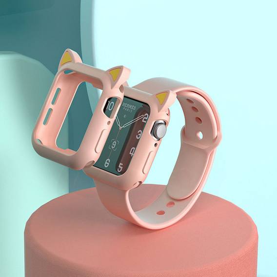 Etui Silikonowe do Apple Watch 7/8 41mm, Kocie Uszy, Różowe