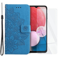 Zestaw Etui z klapką do Samsung Galaxy A13 4G, Mandala i kwiaty, niebieskie + szkło