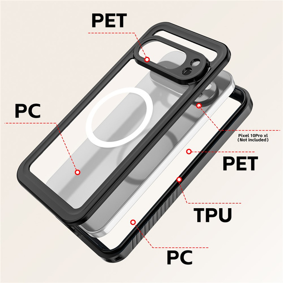 Etui Wodoodporne IP68 do Google Pixel 10 Pro XL, Redpepper, do MagSafe, przezroczyste z czarną ramką