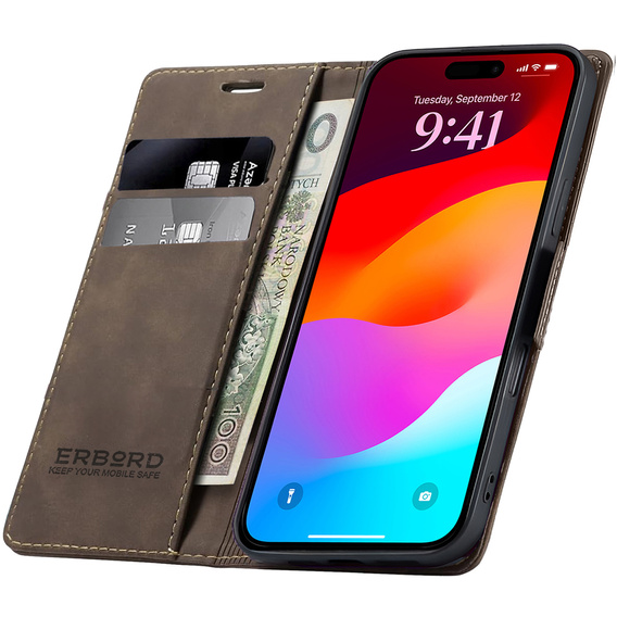 Etui do iPhone 17 Pro Max, ERBORD Vintage portfel z klapką, brązowe