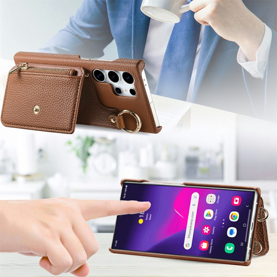 Etui do Samsung Galaxy S25 Ultra z klapką i paskiem – brązowe