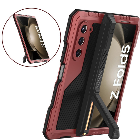 Etui pancerne do Samsung Galaxy Z Fold 5 5G, aluminiowe, z podstawką i miejscem na rysik, czerwone