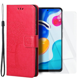 Zestaw Etui z klapką do Xiaomi Redmi Note 11/11S, Drzewo, czerwone + szkło
