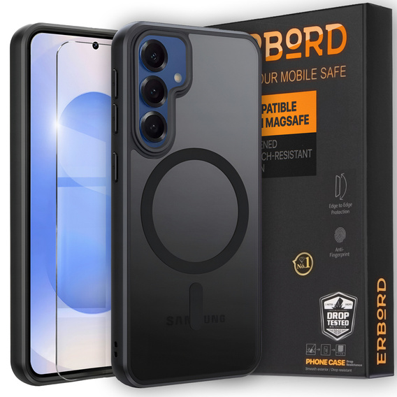 Zestaw Etui do Samsung Galaxy S25, do MagSafe, ERBORD Matt Case, czarny + 3x Szkło na ekran