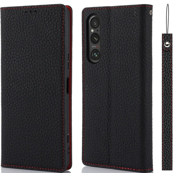 Etui z klapką do Sony Xperia 1 V, Litchi Skin Grain, czarne