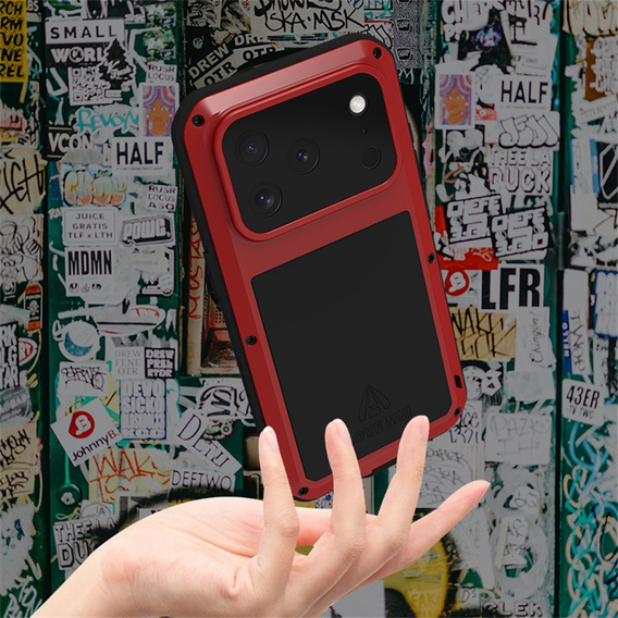 Etui Love Mei do iPhone 17 Pro, pancerne ze szkłem, czerwone