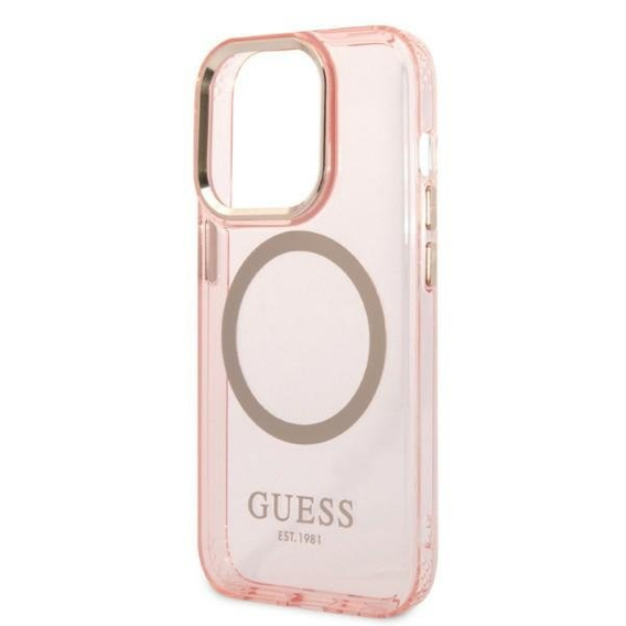 Etui GUESS do iPhone 14 Pro, Gold Outline Translucent MagSafe, różowe