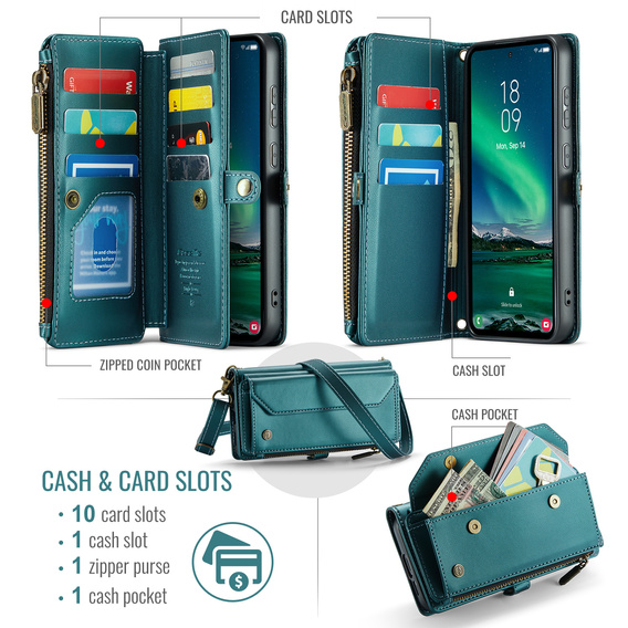 Etui CASEME do Samsung Galaxy S25 FE, RFID Leather Wallet, z paskiem na ramię, zielone