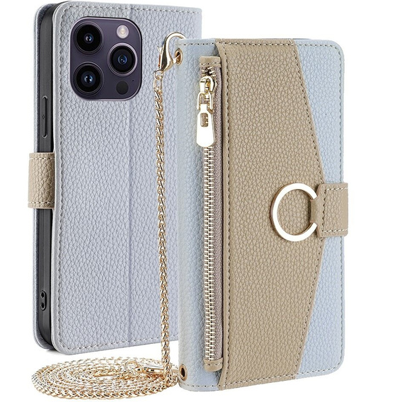 Etui z klapką do iPhone 15 Pro Max, Wallet Zipper Pocket, z lusterkiem, niebieskie