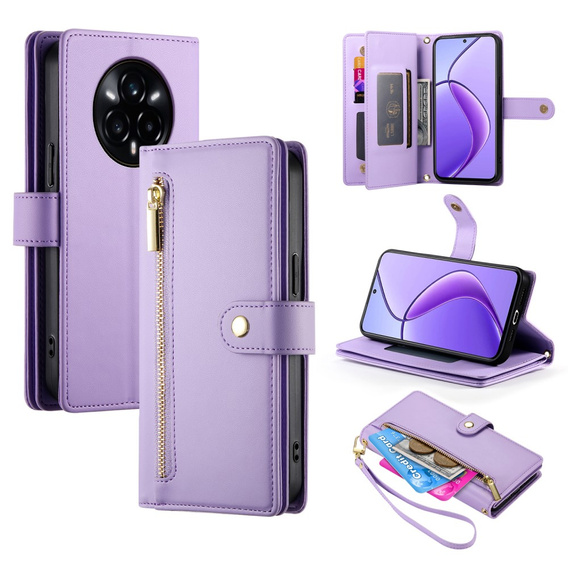 Etui z klapką do Realme 14 Pro+ 5G, Wallet Zipper Pocket, fioletowe