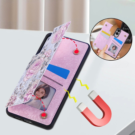 Etui do Samsung Galaxy S25 Edge – skórzane, z ochroną RFID, kieszonkami na karty, motyw róży