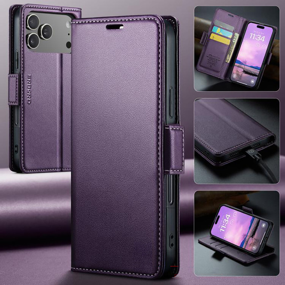 Etui do iPhone 17 Pro Max, ERBORD Glossy Litchi, portfel z klapką, fioletowe