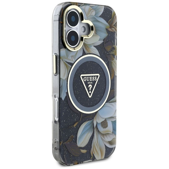 Etui GUESS do iPhone 16, IML Metal Glitter Flowers Triangle, do MagSafe, czarne