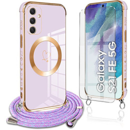 Etui do Samsung Galaxy S21 FE, Electro Heart MagSafe, fioletowe + Szkło na ekran + Smycz