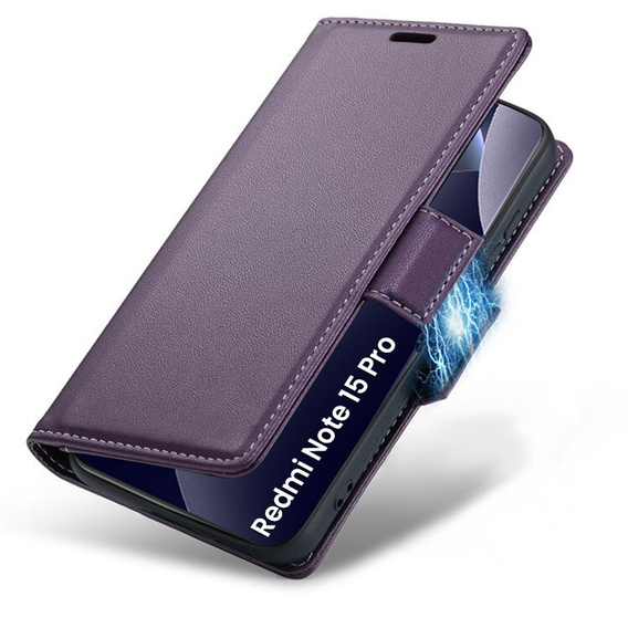 Etui do Xiaomi Redmi Note 15 Pro 4G, ERBORD Glossy Litchi, portfel z klapką, fioletowe