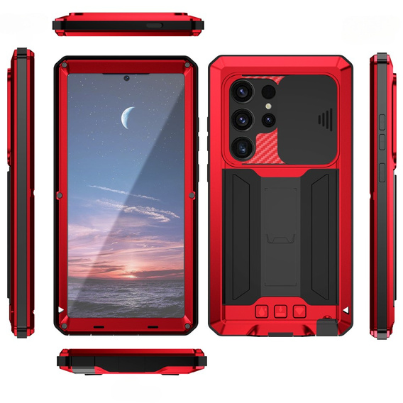 Etui pancerne do Samsung Galaxy S25 Ultra, R-JUST, z przesłoną aparatu i podstawką, czerwone