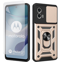 Zestaw Etui do Motorola Moto G53 5G pancerne, z ochroną aparatu i ringiem, złote + szkło