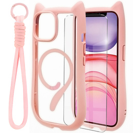 Etui do iPhone 11, do MagSafe, Cute Cat, różowe + Szkło na ekran