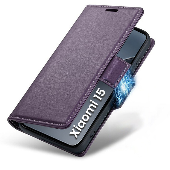 Etui do Xiaomi 15, ERBORD Glossy Litchi, portfel z klapką, fioletowe