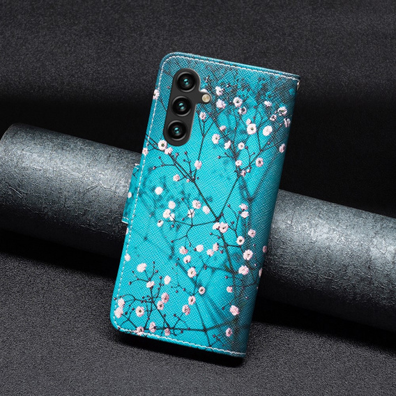 Etui z klapką do Samsung Galaxy A15, Wallet, Sakura, niebieskie + szkło 9H