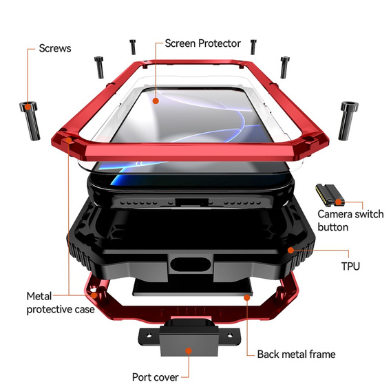 Etui pancerne do iPhone 17 Pro Max, R-JUST, z podstawką, czerwone