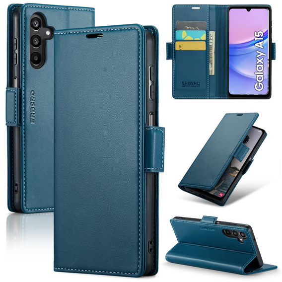 Etui do Samsung Galaxy A15 4G / 5G, ERBORD Glossy Litchi, portfel z klapką, niebieskie + Szkło Hartowane 9H