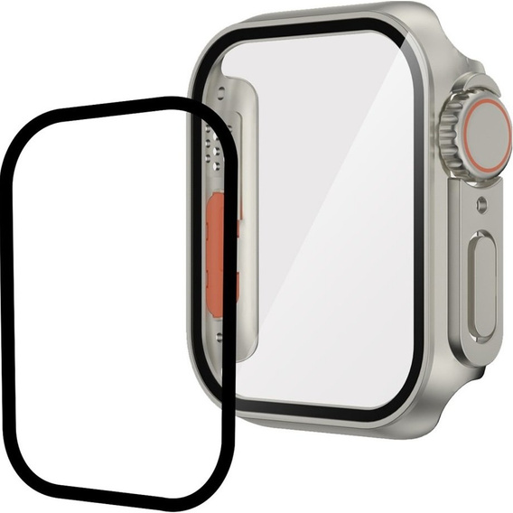 2w1 Etui + Szkło Hartowane do Apple Watch 7/8/9 45MM, Srebrne/Pomarańczowe