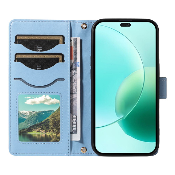 Etui portfelowe Rhombus ze skóry ekologicznej z paskiem do Honor 400 Lite – Niebieskie