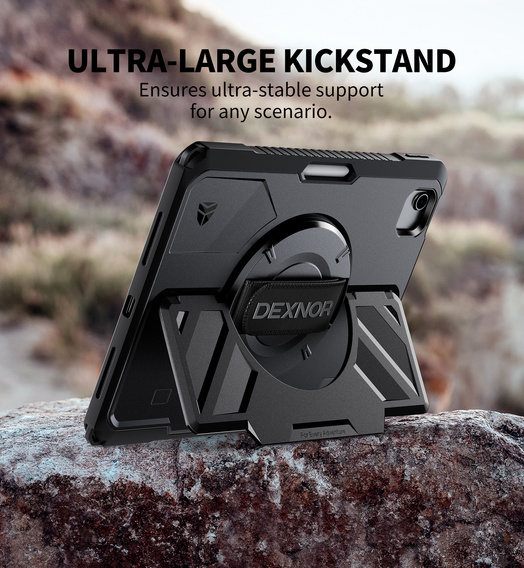 Etui Dexnor 360° do iPad Air 11" 2025/2024 (7/6 gen.), z paskiem i miejscem na rysik - czarne