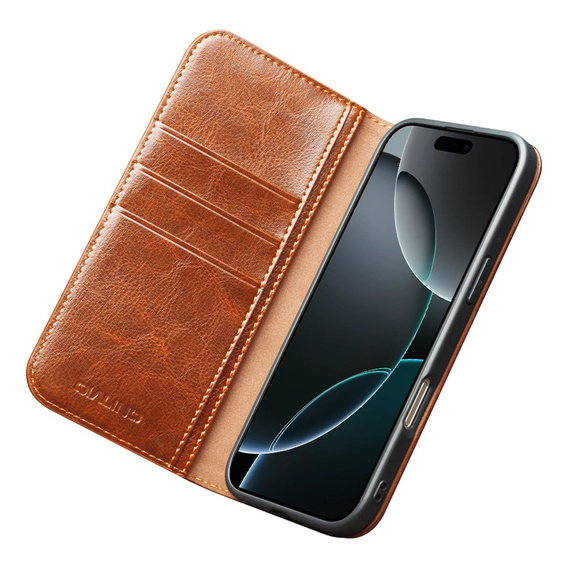 Etui ze skóry z klapką do iPhone 17 Pro Max, QIALINO Genuine Cow Leather – jasnobrązowe