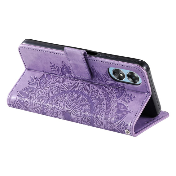 Zestaw Etui do Oppo A17, portfel ze wzorem Mandala z klapką, fioletowe + Szkło 9H