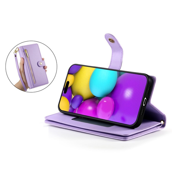 Etui z klapką do iPhone 16, Wallet Zipper Pocket, fioletowe
