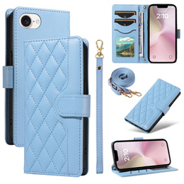 Etui z klapką do iPhone 16E, Rhombus Crossbody Leather, niebieskie
