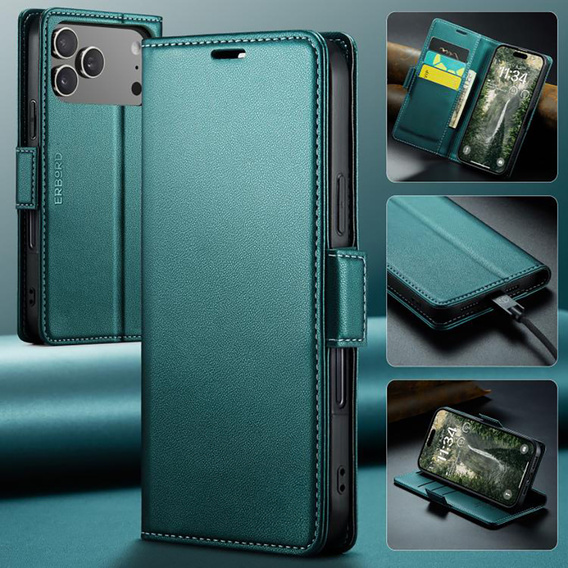 Etui do iPhone 17 Pro, ERBORD Glossy Litchi, portfel z klapką, zielone