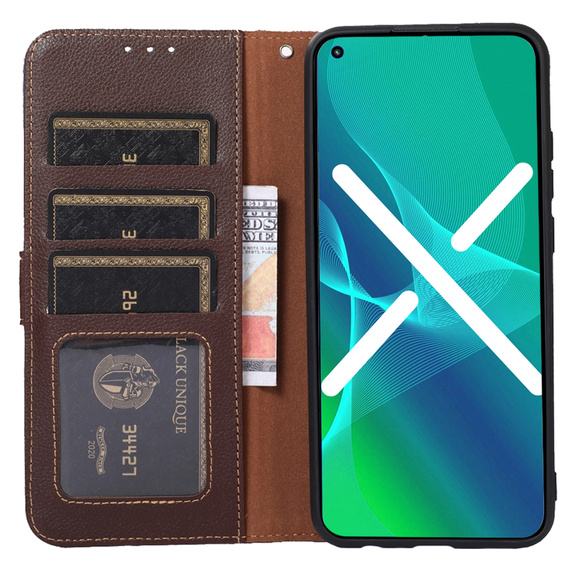 Etui z klapką do Motorola Moto G73 5G, KHAZNEH RFID, brązowe / niebieskie