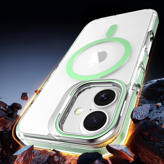 Etui do iPhone 17, do MagSafe, z podstawką, przezroczyste z zielonymi akcentami